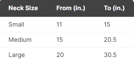 Size chart for halo collar